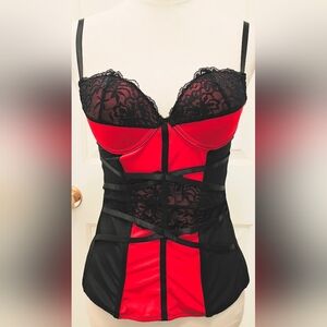 Red & Black Corset Top w Ribbon & Lace Detail.